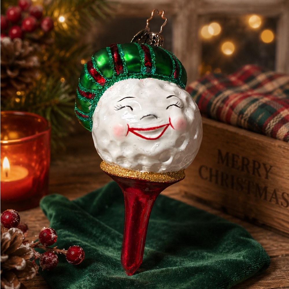 Christopher Radko My Tee Cute Smiley Golf Ball Glass Christmas Ornament Vintage